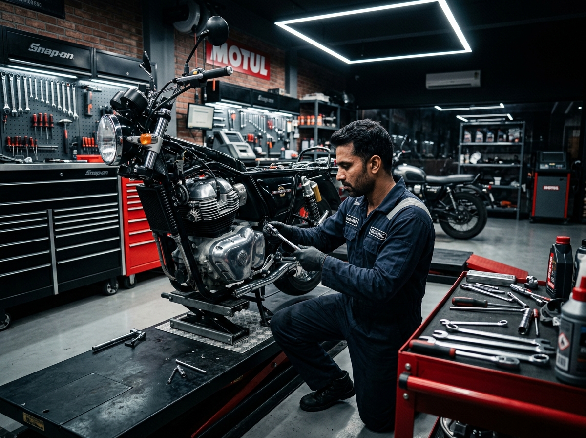 Mechanic working on motorcycle at Elite Motorcycles Workshop